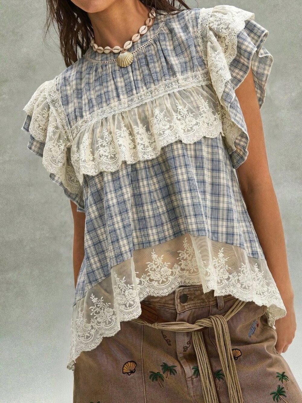 Blue And White Cute Women's Casual Woven Plaid Contrast Lace Loose Blouse - Picture 3 of 9